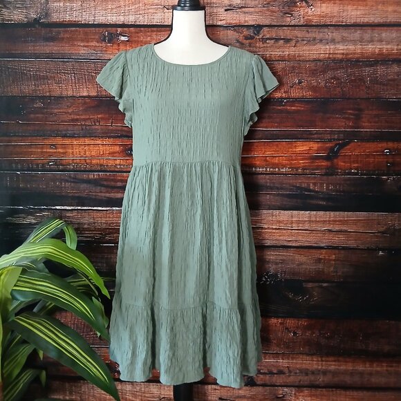 Mason & Belle Dress M Sage Green Textured Swing Flutter Sleeve Pockets NEW - Picture 2 of 11